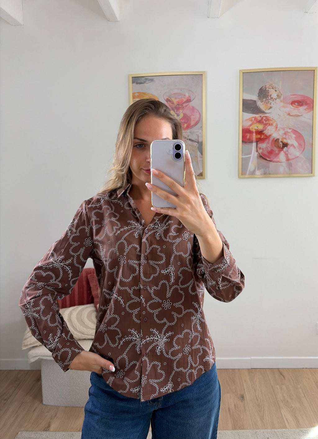 CHEMISE CHOCOLAT BRODÉE BLANC