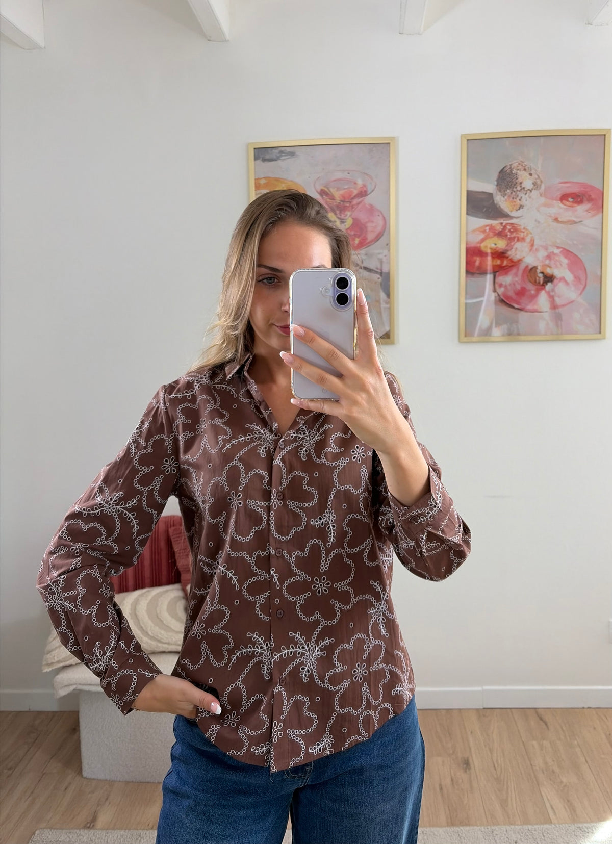 CHEMISE CHOCOLAT BRODÉE BLANC