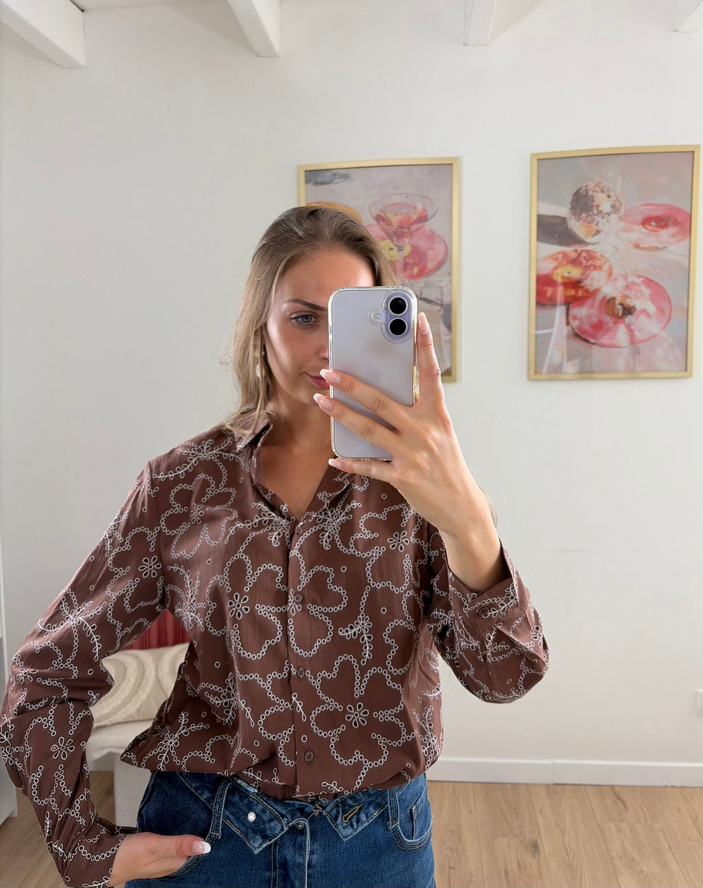 CHEMISE CHOCOLAT BRODÉE BLANC