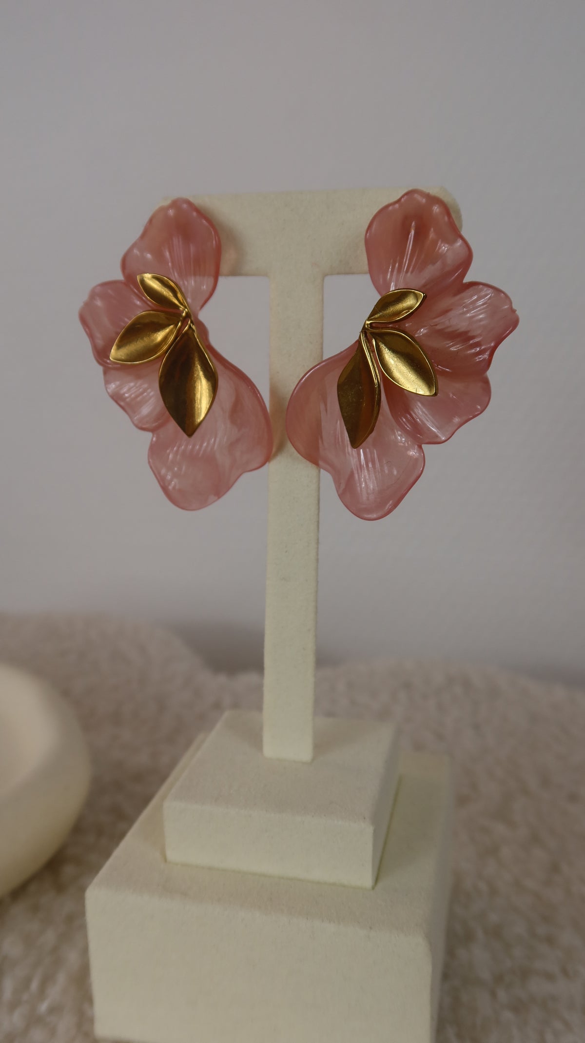 Boucles d'oreilles Fleur Rose & Feuillage Doré