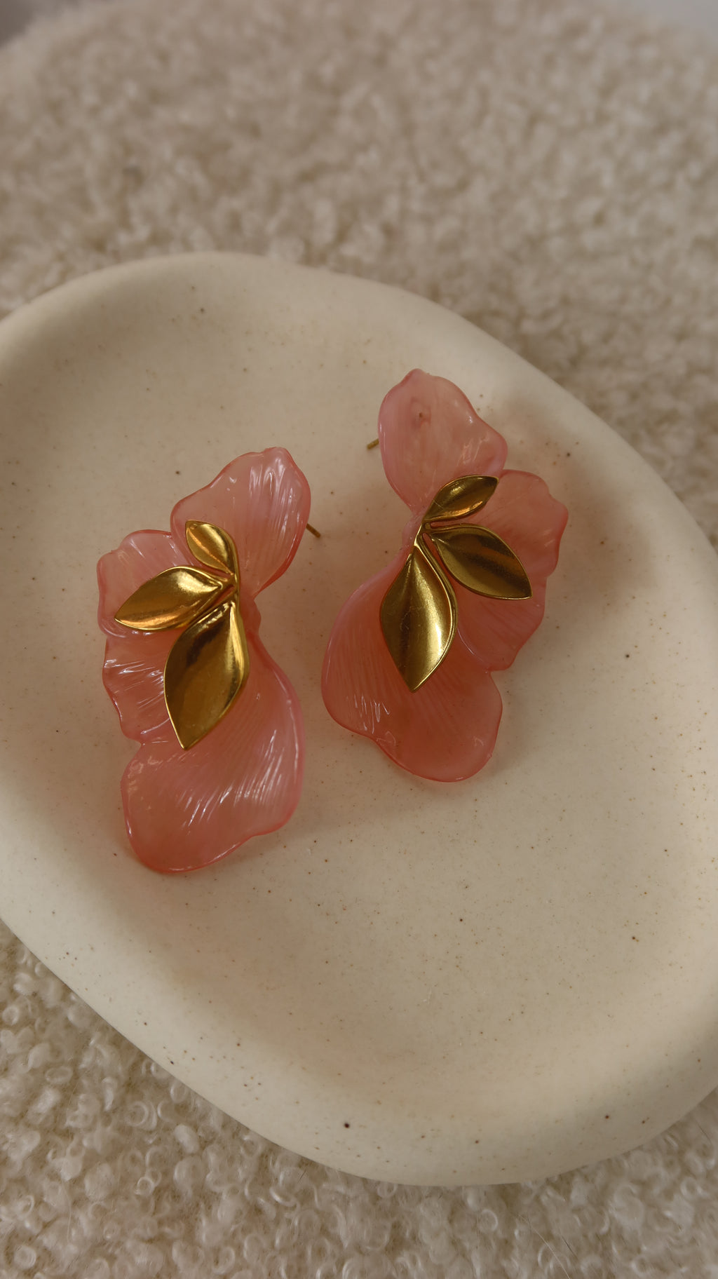 Boucles d'oreilles Fleur Rose & Feuillage Doré