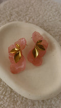 Boucles d'oreilles Fleur Rose & Feuillage Doré