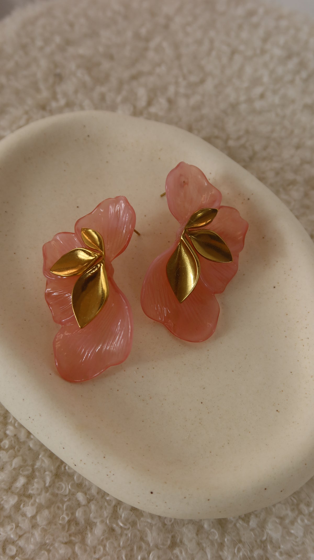 Boucles d'oreilles Fleur Rose & Feuillage Doré