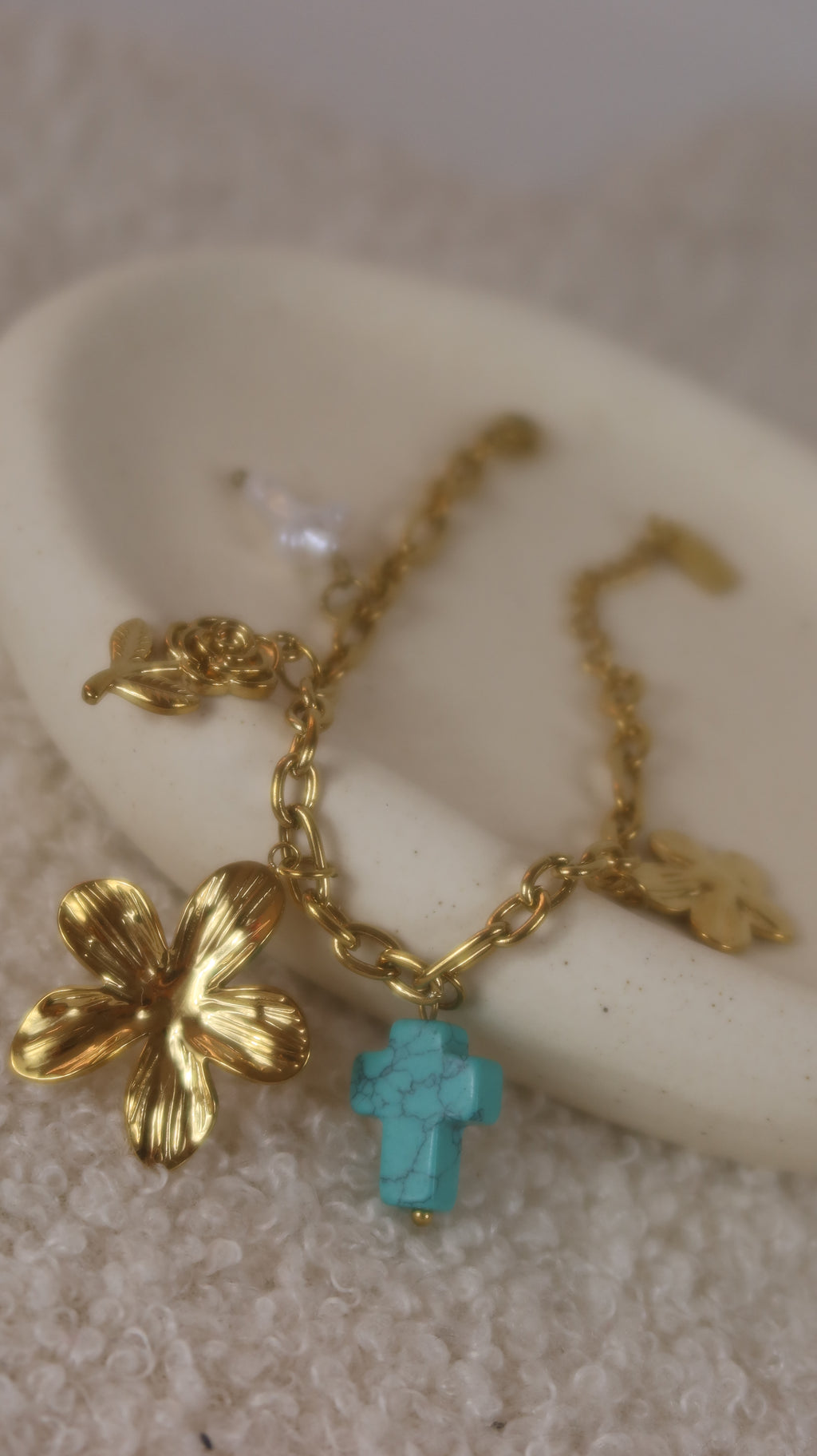 Bracelet Charms Fleur & Croix Turquoise