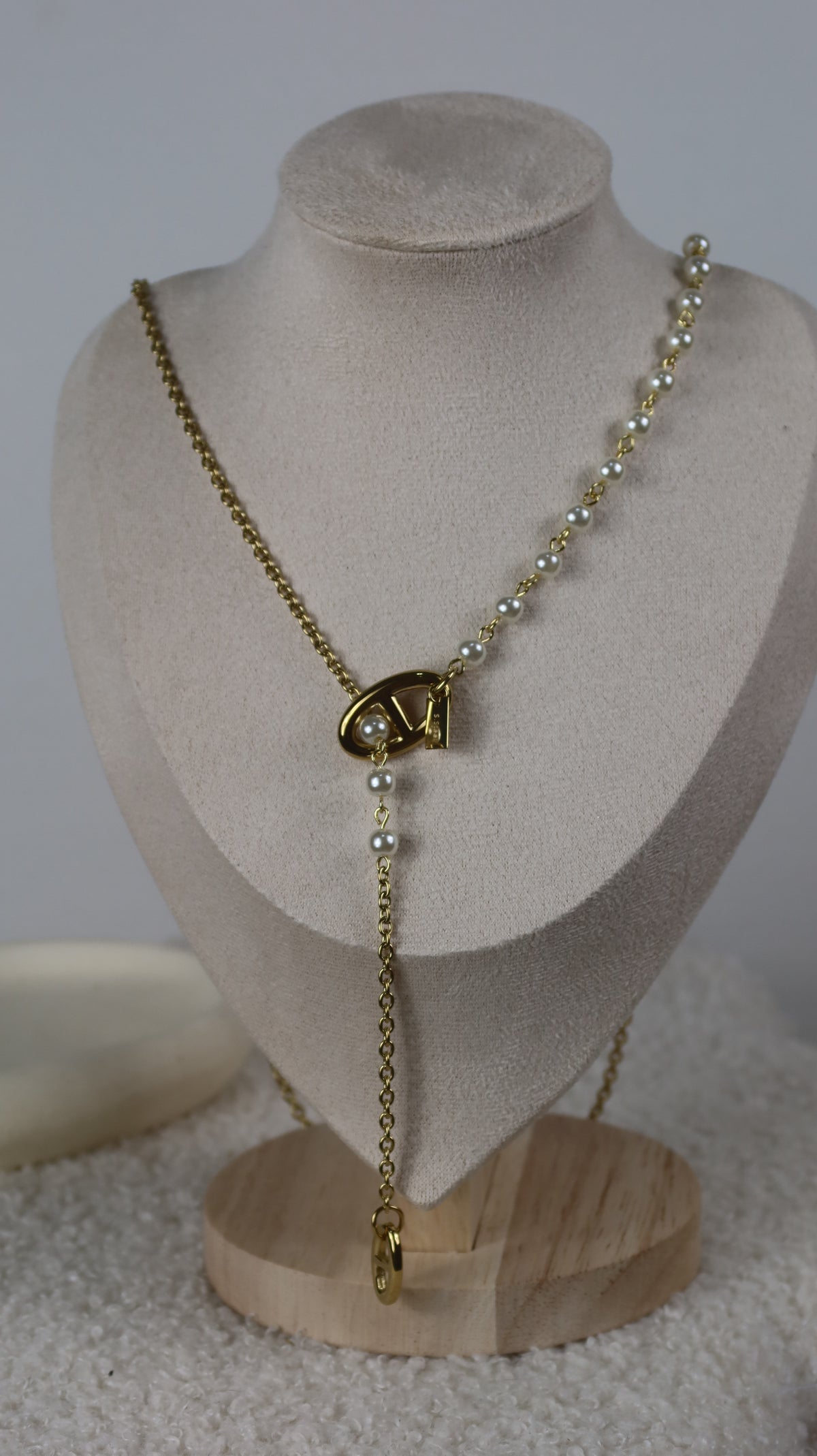 Collier Y Acier Doré Perles & Fermoir Maillon Marin