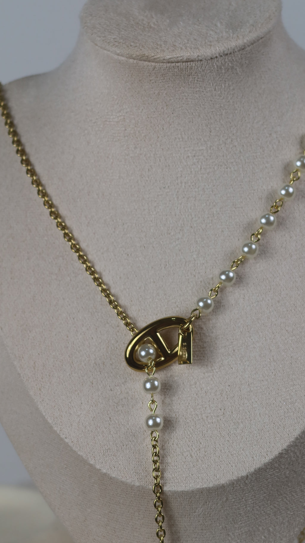 Collier Y Acier Doré Perles & Fermoir Maillon Marin