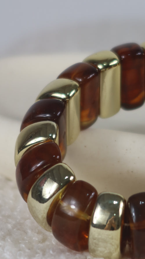 Bracelet Élastique Perles Tila Métal Doré & Ambre